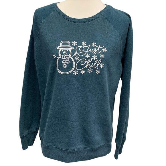Hand Printed Upcycled Womens Large Snowman Snowflake Just Chill Sweatshirt - Picture 1 of 6